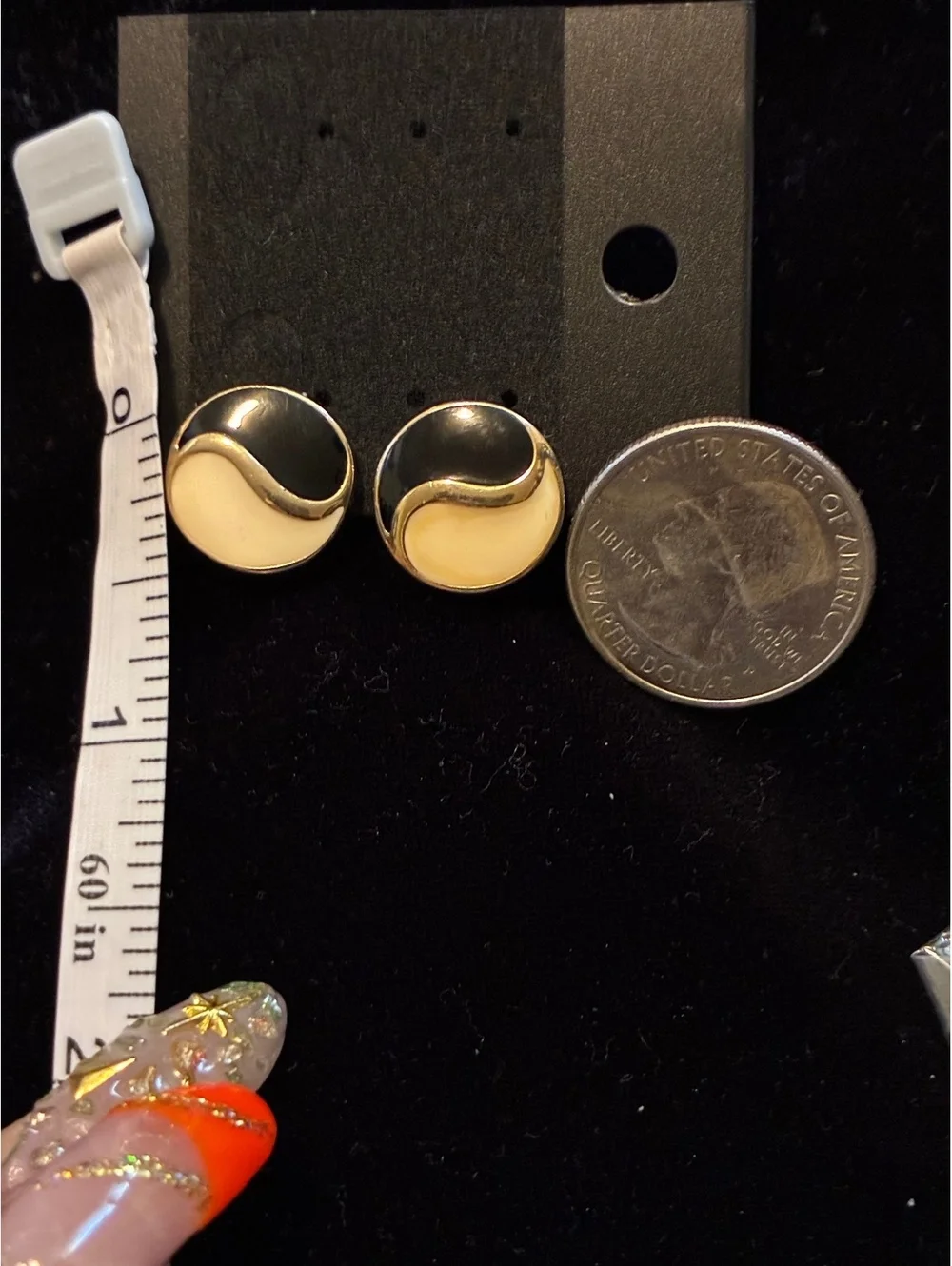 1990s Avon Signed Black & White Enamel Yin Yang Round Clip On Earrings